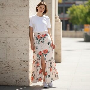 AMERICAN EAGLE Floral Button Front Maxi Skirt Sz XL Pink Boho Ruffle Romantic